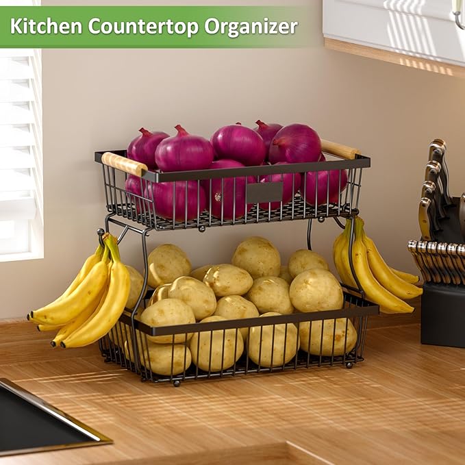 2 Tier Fruit Basket for Kitchen Counter with 2 Banana Hangers, Countertop Metal Fruit Bowl with Wooden Handle, Large Storage Stand for Vegetables, Snacks, Breads, Produce Storage – Black