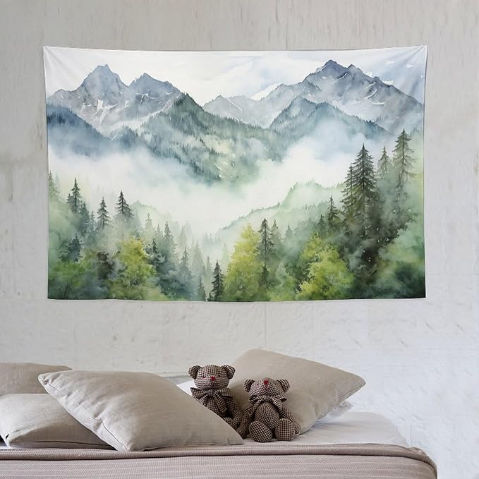 HZOHNAGO Mountain Tapestry Misty Green Forest Mountain Pattern Printed Wall Tapestry Wall Hanging for Bedroom Living Room Dorm 60" W x 40" H