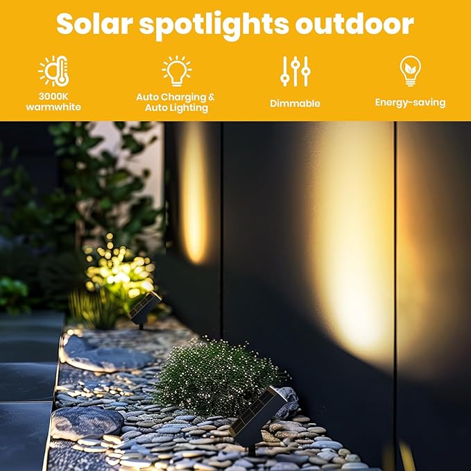 Solar Landscape Lights Outdoor, 3000K Dimmable Solar Pathway Lights, 500LM Solars Spot Light IP65 Waterproof for Walkway Lawn Yard, 2pcs