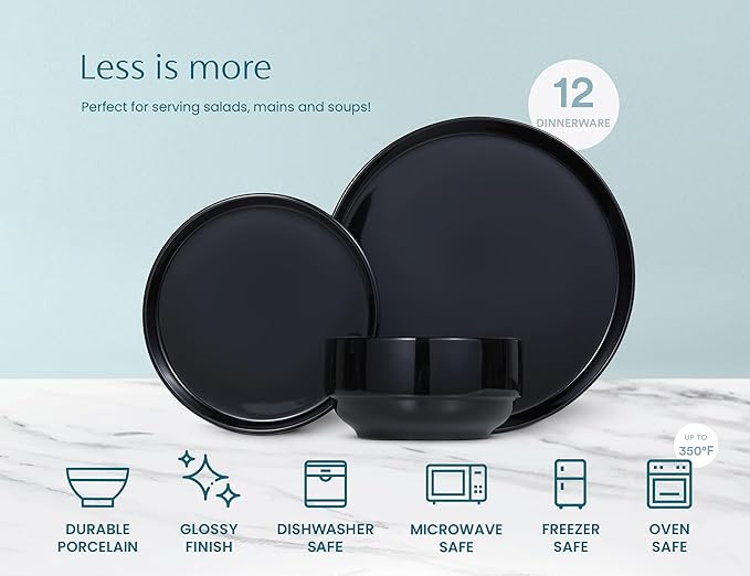 Ceramic Dinnerware Set, 12-Piece Service for 4, Soup Bowls (31.5 oz), Salad Plates (7.5"), Dinner Plates (10.5"), Round, Microwave and Dishwasher Safe, Black, Cambridge Classics