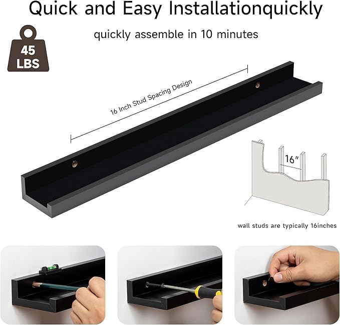 Fun Memories Picture Ledge Shelf, 24 Inch Floating Shelves Set of 2, Nursery Book Shelves for Toys Storage, Kids Bookshelf Wall Mounted for Wall Decor Books Photo Frames, Black