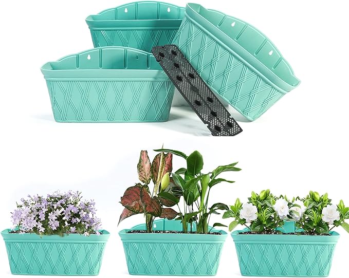 Sungmor 3 Pack Wall Hanging Planters, 16.5 Inch Railing Fence Hanging Flower Pots, Thickened Plastic Water Storage Plant Pot, Indoor Outdoor Garden Balcony Decor, Light Green Large Plant Basket