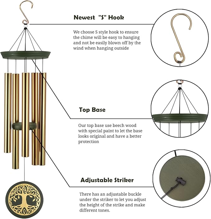 Gifts for Mom & Grandma - Outdoor Wind Chimes with Engraved Tree of Life, Large Patio Hanging Decor for Garden, Yard, Christmas, Anniversary Celebrations