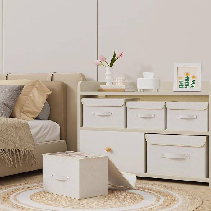 Storage Boxes, Collapsible Storage Bins with Lids, Cotton and linen cloth Storage Baskets with Handle, for Books, Closet, Bedroom, Home, 15x9.8x9.8 in, Beige