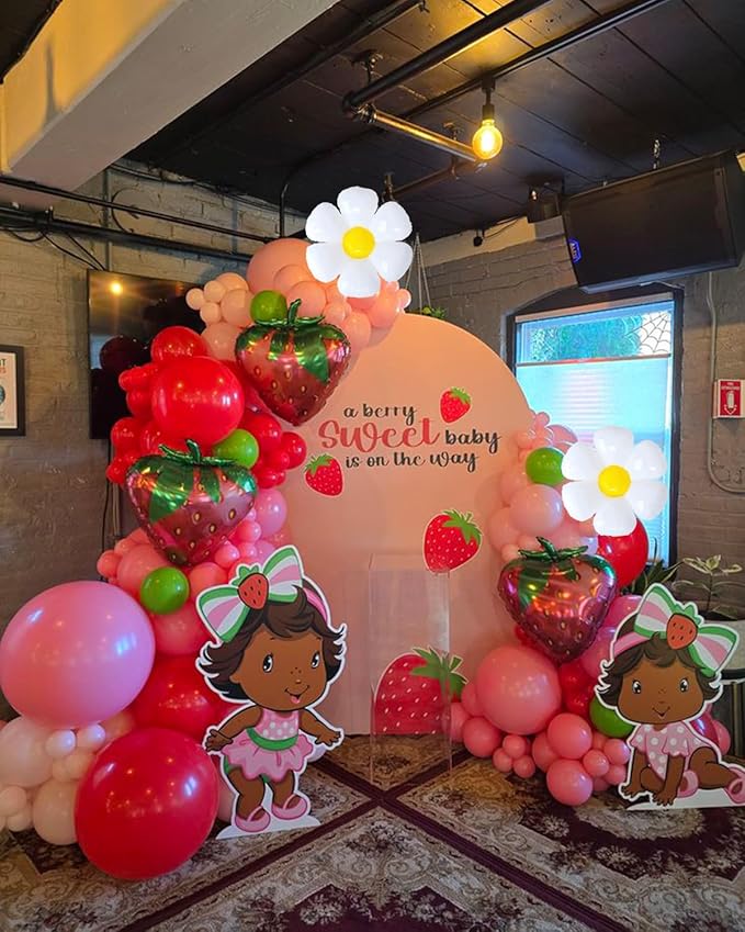 Strawberry Balloons Arch Garland Kit, 135PCS Red and Pink Balloons with Strawberry Daisy Foil Balloons for Sweet Girl Berry First Birthday Decor Baby Shower Themed Party Decorations