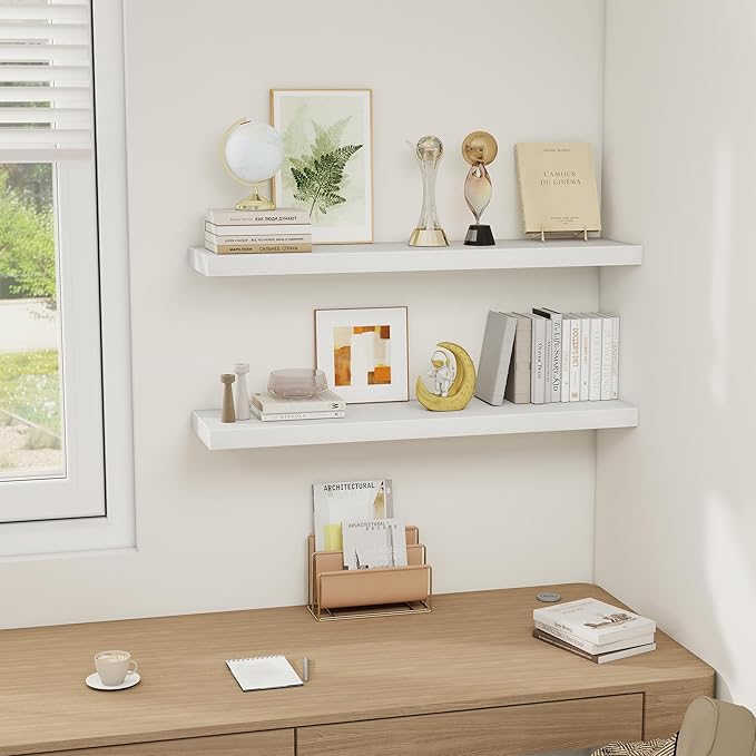 Fun Memories White Floating Shelves 36 Inch Long, Rustic Farmhouse Bathroom Shelves Over Toliet, 36 x 8 Inch Floating Shelves for Wall, Deep Wall Shelf for Living Room, Kitchen, Bedroom, Set of 2