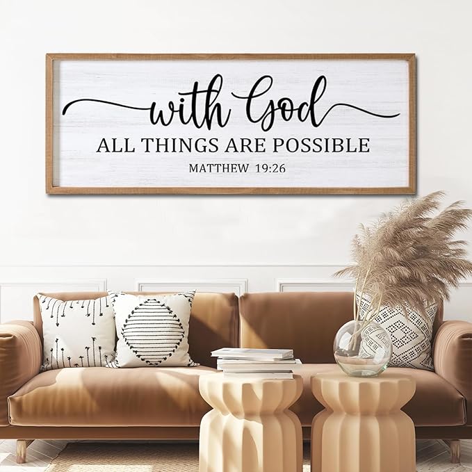 With God All Things are Possible Framed Wall Art, 40''×15'' Natural Religious Rustic Bible Verse for Christian God Jesus Christ Prayer, Holy Positive Horizontal Inspirational Catholic Scripture Decor