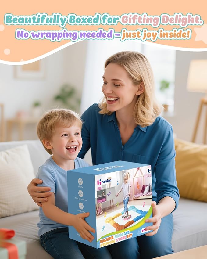 Holyton Music Light Up Balance Beam and Toddler Stepping Stones 13 Pieces, Non-Slip Plastic Balance Stackable Stepping Stones for Kids, Sensory Toys for Toddlers, Indoor or Outdoor Play, Easy Storage