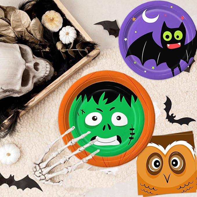 105PCS Halloween Paper Plates Ghosts Pumpkin Skull Spider Web Design for Halloween Party Decorations Supplies, Serves 30