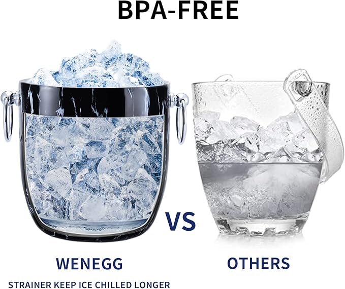 Ice Bucket with Lid, Scoop, Tongs and Strainer - Well Made Insulated Stainless Steel Keep Ice Frozen Longer - Ideal for Cocktail Bar, Parties, Chilling Wine, Champagne - 3 Liter (Black Marble)