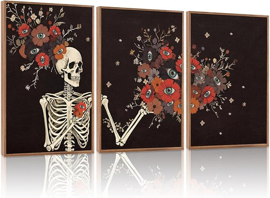 KAIRNE Gothic Skull Wall Art,Halloween Skeleton Canvas Set of 3(16”x24”),Scary Skull Painting,Horror Floral Botanical Prints,Romantic Spooky Halloween Wall Art for Living Room Bedroom Goth Party Decor