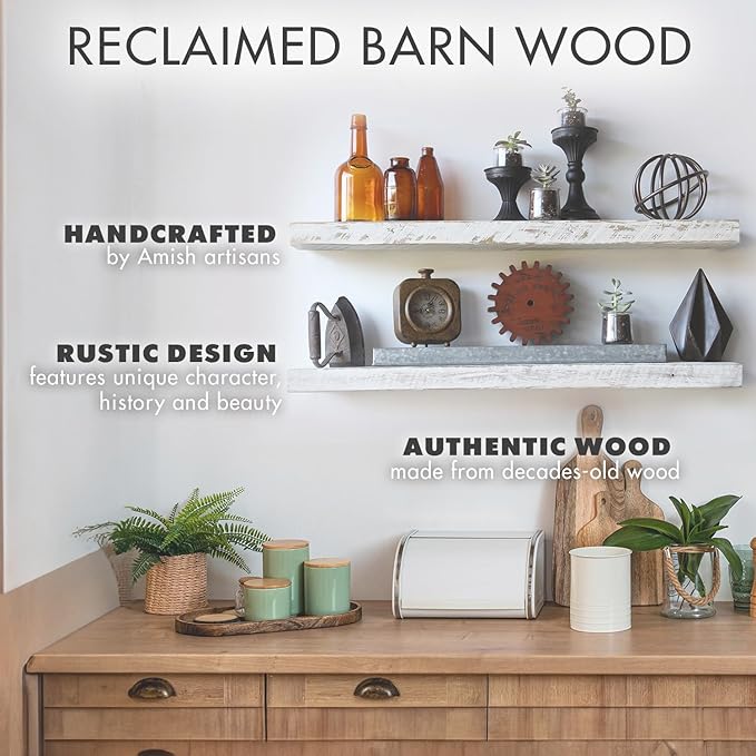 Urban Legacy Reclaimed Barnwood Planks | Floating Shelves for Wall w/Flush Mount Shelf Bracket Set Included | Set of 2 (White Wash, 24" x 7 "x 2")