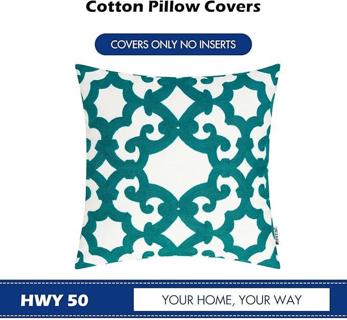 HWY 50 Teal Decorative Throw Pillow Covers 18x18 Inch (1 Piece), Embroidered Cotton Farmhouse Cushion Cover Pillow Case for Sofa Couch Living Room Bed, Geometric