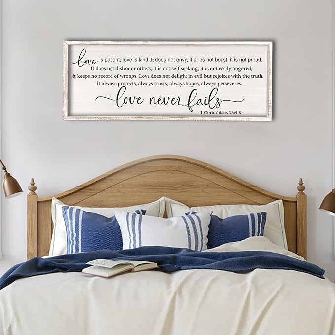 flowtorely Love is Patient, Kind Wall Art Decor 40"X15" Love Never Fails Sign 1 Corinthians 13 Bedroom Above Bed Large Bible Verse Quote Scripture Christianity Hanging Sign (White)