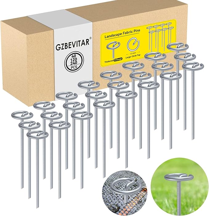 Landscape Fabric Pins, Thickened 8 Gauge Circle Top Landscape Pins, Not Easy to Bend 6 inch Galvanized Landscape Fabric Stakes, More Holding Power Than U-Shape Garden Staples (40)