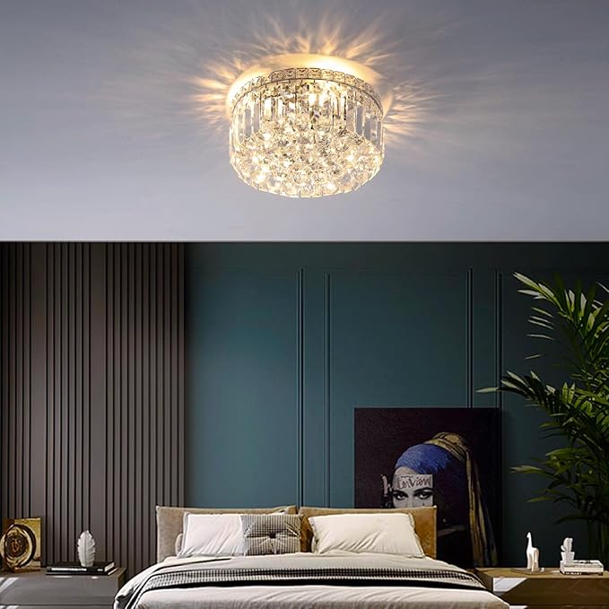 4-Light Crystal Flush Mount Chandelier Light Fixture with K9 Crystals Modern Ceiling Lights Elegant Pendant Lamp for Bedroom,Hallway,Bar,Living Room,Dining Room,H5.9 xW13.7(Bulbs Not Included)