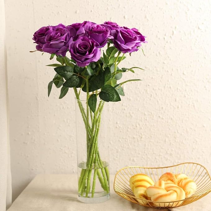 Purple Fake Roses Artificial Flowers - 10 Pcs Fake Artificial Roses Silk Flowers with Stems for Home Wedding Hotel Office Centerpiece Decor