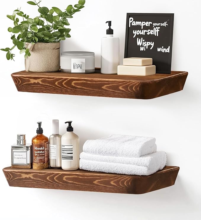 16"x6.8"x1.6" Slanted Floating Wall Shelves 2-Pack - Rustic Brown Finish, Heavy-Duty Solid Wood Design with Hidden Brackets - Perfect for Living Room, Kitchen, Bathroom, or Office