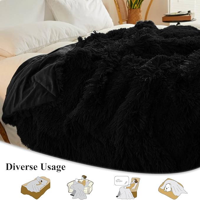 XeGe Luxury Faux Fur Throw Blanket, Black Soft 50x60 Fluffy Blanket Throw, Shaggy Plush Decorative Couch Blanket, Cute Furry Bed Throw Fuzzy Lap Blanket for Kids Women Men Teen Girls Black