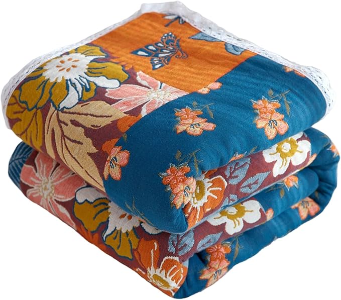 Throw Blanket for Couch Bed, 100% Cotton Muslin 60''x80'' Travel Bed Blankets Mexican Boho Quilt Flowers Blanket Lightweight Blanket Soft Warm Throws Gifts for Women Mom