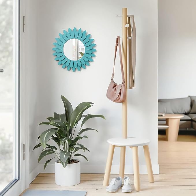 Honiway Beach Wall Decor Mirror 2 Pack 12 inch Wood Coastal Wall Decor Sunburst Boho Home Decor Room Decor for Bedroom Living Room Entryway Cyan