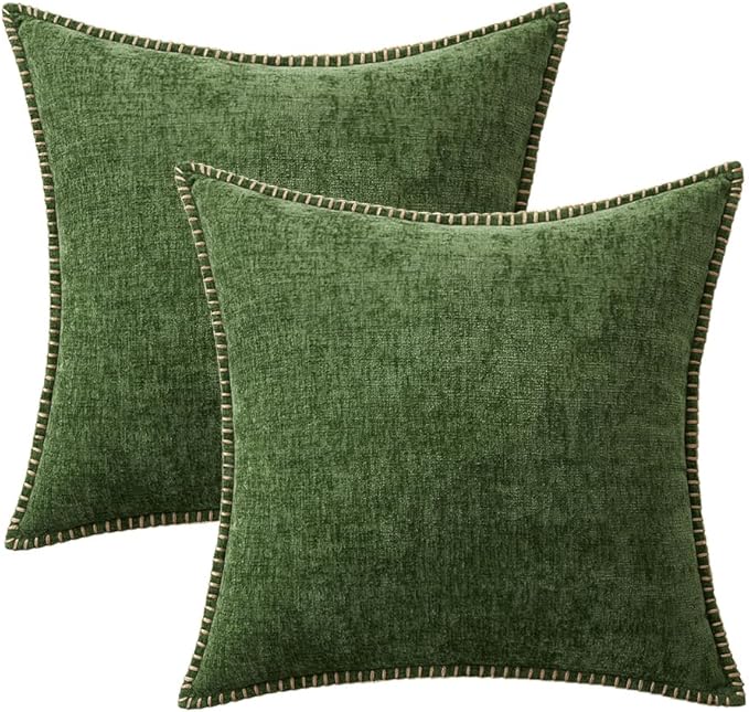 MIULEE Pack of 2 Christmas Pillow Covers 20x20 Inch Moss Green Farmhouse Decorative Throw Pillow Covers with Stitched Edge Soft Chenille Solid Dyed Couch Pillow Covers for Sofa Bed Living Room