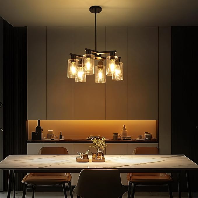 6-Light Black Modern Farmhouse Chandelier for Dining Room Ceiling Light Fixture with Clear Glass Shades, Adjustable Hanging Industrial Pendant Lighting for Living Room Kitchen Island Bedroom Entryway