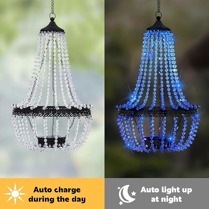 Hanging Solar Chandelier Outdoor, 30 Blue Lights Acrylic Clear Beaded Chandelier with S Hooks Modern Lantern for Garden Yard Patio Gazebo Decorations, 28”H