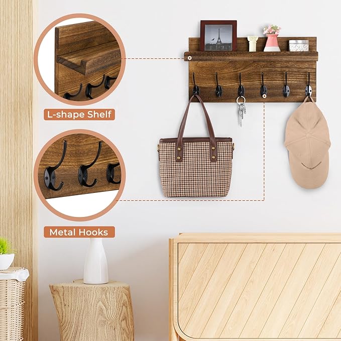 Shelf with Hooks, Coat Rack Wall Mount with 6 Double Metal Hooks, 17 Inch Farmhouse Wall Hooks with Shelf, for Entryway, Bathroom, Kitchen, Rustic Brown