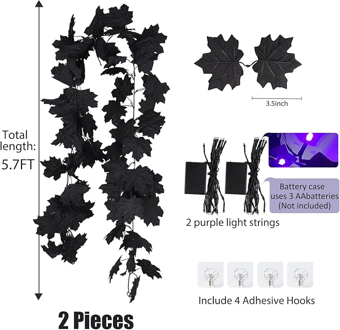 RECUTMS Halloween Maple Leaf Garland with Purple Lights - Black Artificial Leaves Decor for Home Mantle, Stairs, Indoor/Outdoor - 2 Pack