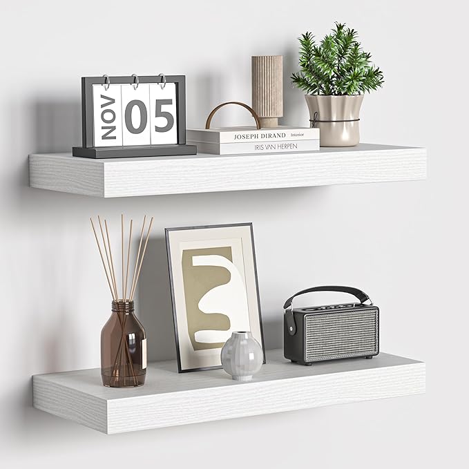 Fun Memories Floating Shelves - 16 Inch Rustic White Wall Shelf - Wall Mounted Shelves for Wall Decor Storage - Wooden Shelves with Invisible Brackets for Living Room, Bedroom, Kitchen, 2 Pack