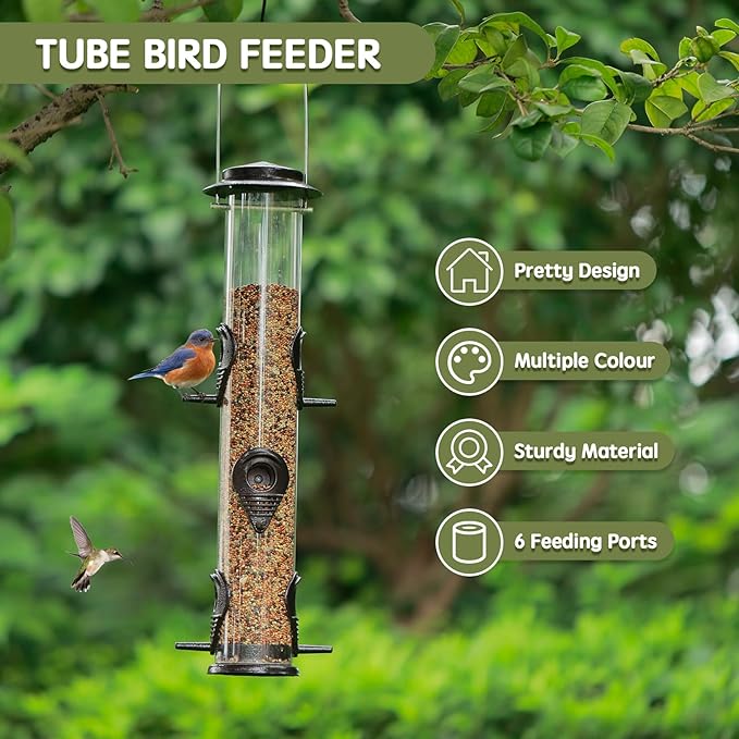 MIXXIDEA 2PK Metal Wild Bird Feeder Squirrel Proof Bird Feeders for Outside Hanging 6 Port Tube Bird Feeder Transparent Finch Feeder with Steel Hanger (Coffee)