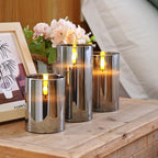 Homemory Grey Glass Flameless Candles, Battery Operated LED Pillar Candles with Remote Control and Timer, Radiance Candles, Real Wax, Set of 3,D3 xH4 5" 6"