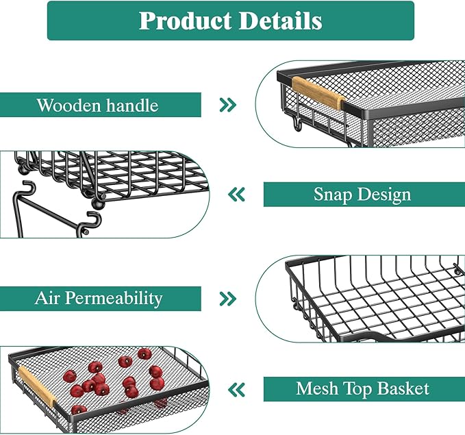Giwil 3 Tier Countertop Fruit Mesh Basket for Kitchen, Vegetable Storage Bread Fruit Bowl Stand with 2 Banana Hooks, Wall Mounted Metal Wire Basket Organizer for Potato Onion, Black