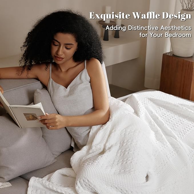 PHF 100% Cotton Waffle Weave Blanket Queen Size, Soft Lightweight Breathable Cozy Summer Blankets for Bed, Luxury Aesthetic Woven Bedding for Home Decor, 90"x90", White