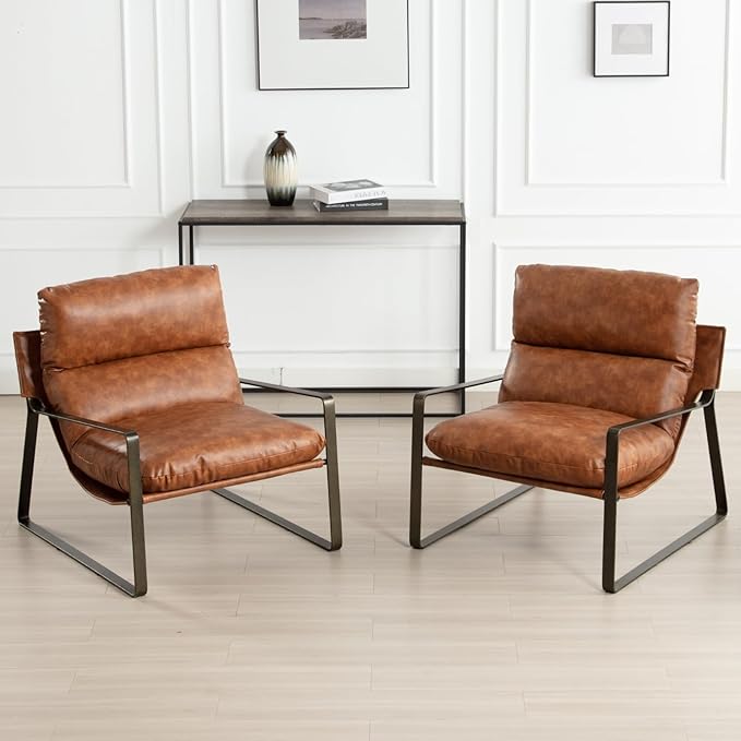 DUOMAY Mid-Century Accent Chair Armchair, Comfy PU Leather Leisure Chair Lazy Chair with Brozen Metal Leg for Living Room Bedroom Office Apartment, Brown