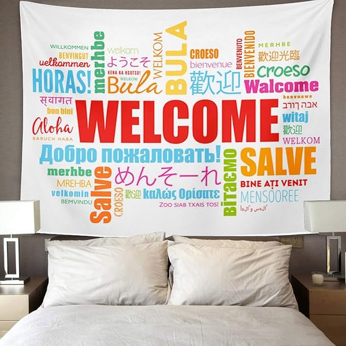 TOMPOP Tapestry World Welcome Word Cloud in Different Languages Conceptual Multilingual Home Decor Wall Hanging for Living Room Bedroom Dorm 60x80 Inches