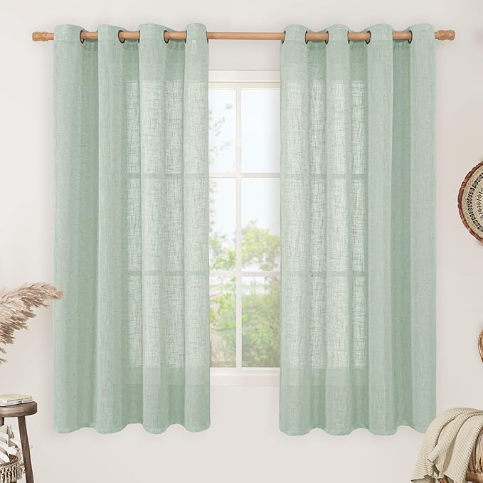 LAMIT Sheer Linen Curtains 63 inches Long for Bedroom, Bronze Grommet Linen Drapes Light Filtering Semi Sheer Curtains for Small Window/Farmhouse, 2 Panels (52 x 63 Inch, Light Sage)