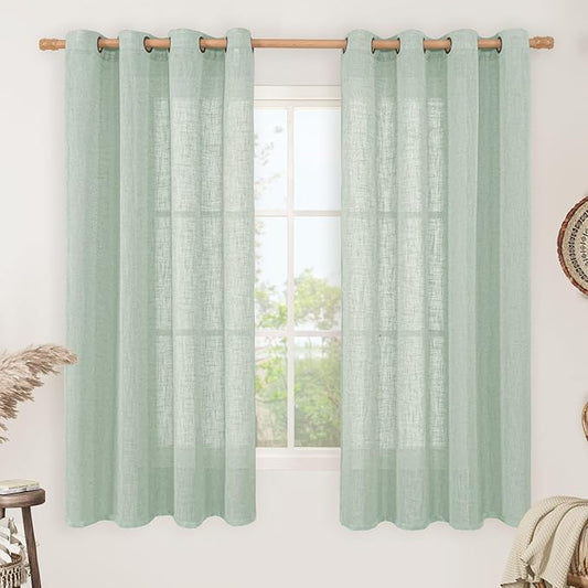 LAMIT Sheer Linen Curtains 63 inches Long for Bedroom, Bronze Grommet Linen Drapes Light Filtering Semi Sheer Curtains for Small Window/Farmhouse, 2 Panels (52 x 63 Inch, Light Sage)