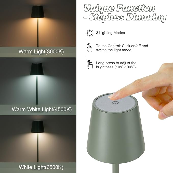 HASUN 2 Pack Cordless Table Lamp, Portable LED Desk Lamp, 5200mAh Battery Operated Lights, 3 Color Stepless Dimming Up, Night Light for Bedroom/Date/Bars/Cafe/Camping (Green 2Pack)