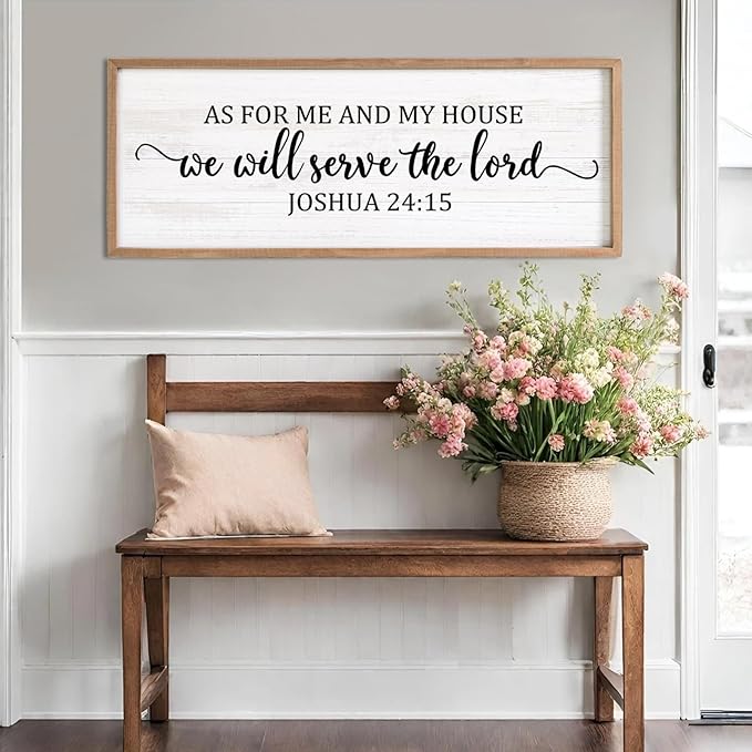 As For Me And My House We Will Serve The Lord Framed Wall Art, 40''×15'' Horizontal Positive Religious Rustic Bible Verse for Christian God Jesus Christ Prayer, Vintage Holy Catholic Scripture Decor