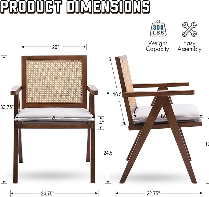 Rattan Dining Chairs Set of 4, Farmhouse Wicker Dining Chairs with Removable Linen Cushion Accent Cane Armchair for Dining Room Kitchen Restaurant, Walnut