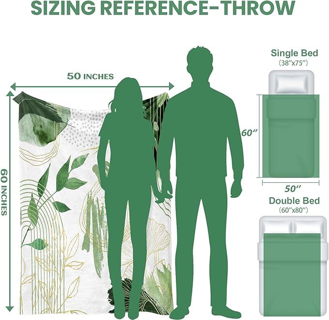 Sage Green Leaf Throw Blanket Mid-Century Green and Gold Boho Flannel Blankets for Couch Bed Living Room Sofa, Decorative Patterned Super Soft Cozy, 50x60 in