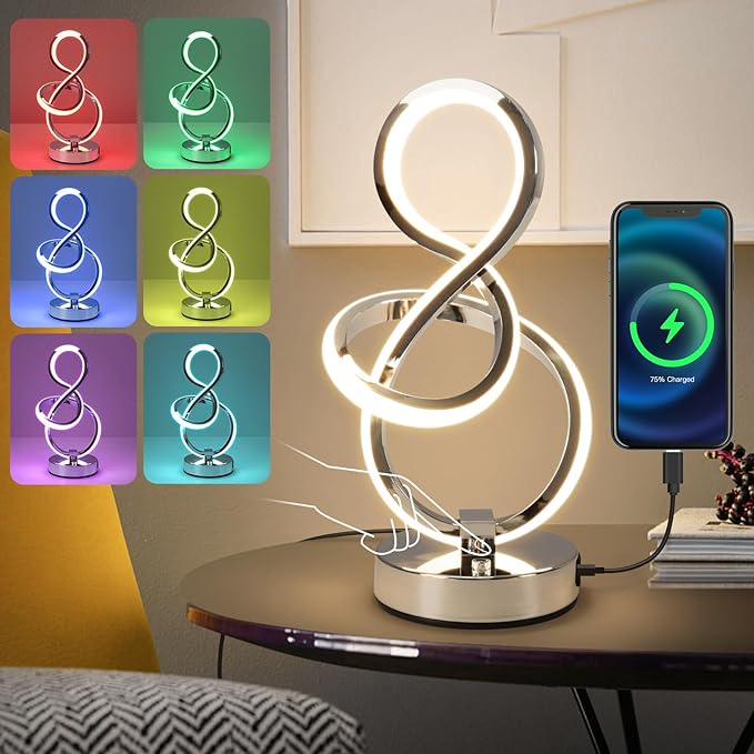 Modern Spiral Table Lamp, 7 Colors 10 Light Modes LED Nightstand Small Lamp with USB C+A Ports, Touch Dimmable Lamps for Living Room Bedroom Bedside, Unique & Cool Lamps,Silver