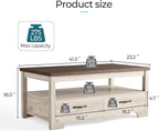 LINSY HOME Farmhouse Coffee Table with Storage, Wood Coffee Table for Living Room, Open Display Area and Storage Drawers with Metal Handles, Chic Style with Curved Base. Oak and Brown