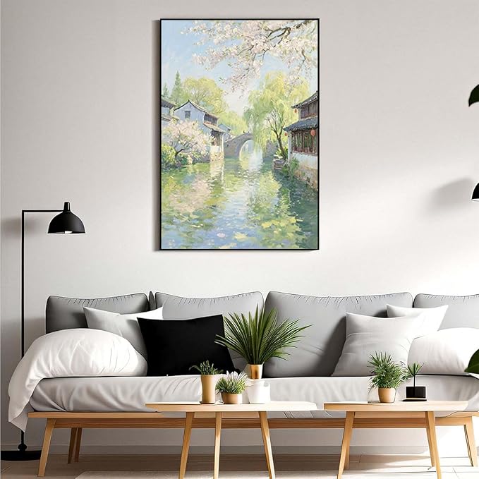 Small bridge stream house Jiangnan style landscape poster suitable for living room bedroom office natural oil painting poster