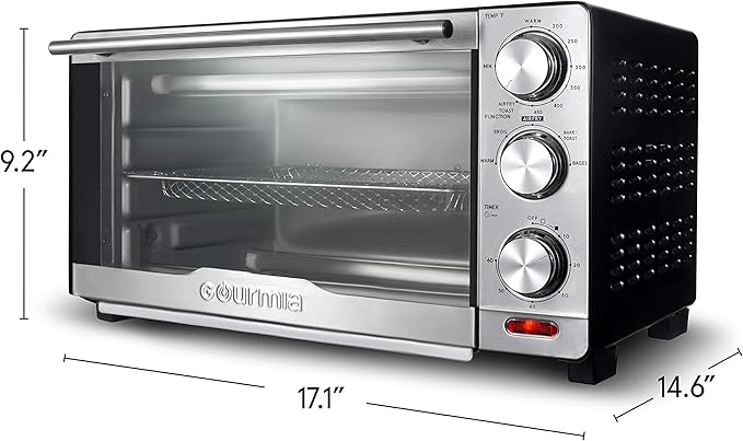Gourmia GTF7350 6-in-1 Multi-function, Stainless Steel Air Fryer Oven - 6 Cooking Functions - Fry Basket, Oven Rack, Baking Pan & Crumb Tray, Included + Recipe Book