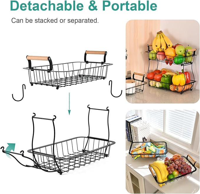 ANTOPY 2 Tier Fruit Basket with 2 Banana Hangers, Countertop Fruit Vegetable Basket Bowl for Kitchen Counter Metal Wire Fruits Storage Stand Holder Organizer for Bread Snack Veggies Produce
