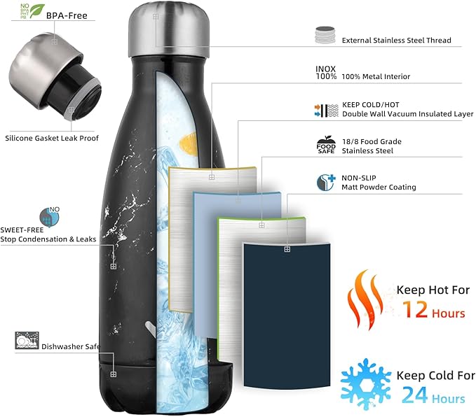 Insulated Water Bottles,12 oz Double Wall Stainless Steel Vacumm Metal Flask for Sports Travel,Marble Midnight