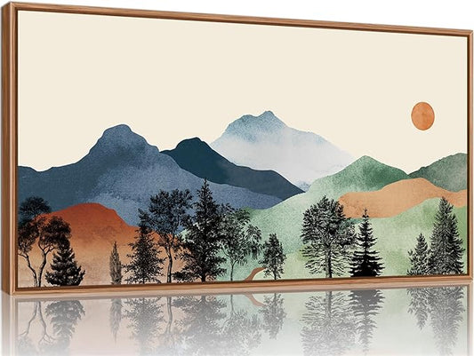 SIGNINART Large Boho Mountains Framed Canvas Wall Art, Watercolor Nature Landscape Art Prints, Neutral Modern Sunrise Art Paintings, Green Forest Wall Decor for Living Room, Bedroom, Office 20"x40"
